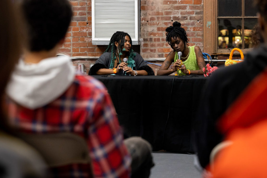 Artist Mithsuca Berry and Curator Sienna Kwami answering questions from the audience during the artist talk.