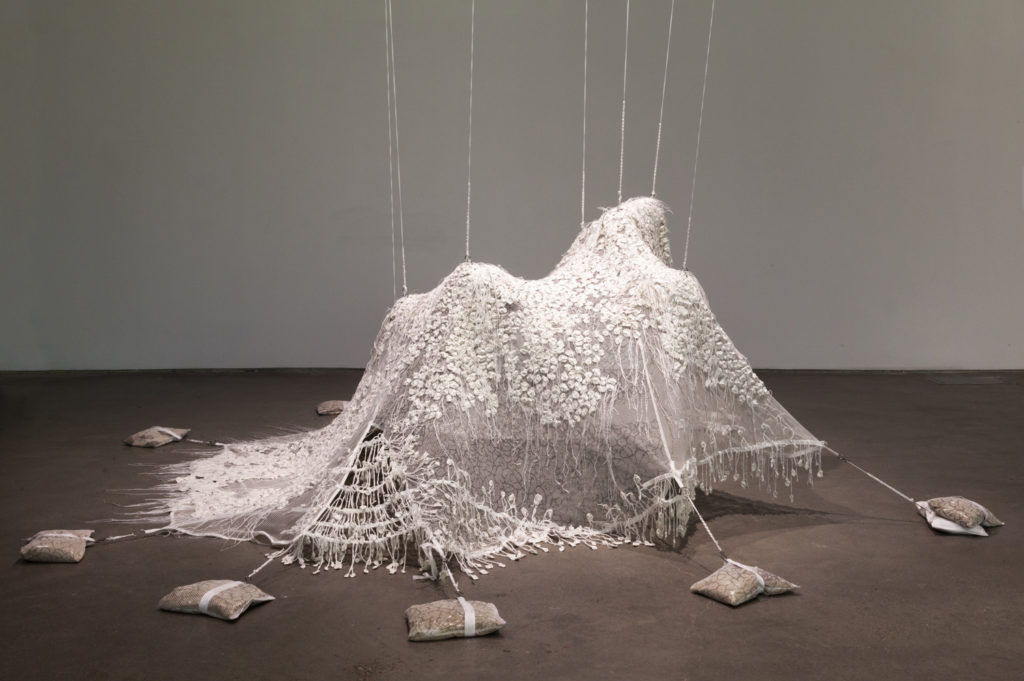 Mimi Bai, Conjuring a future full of pasts, clay, thread, jute, silkscreened netting, canvas, sand, and steel, dimensions variable, approx. 9 x 11 x 4 feet