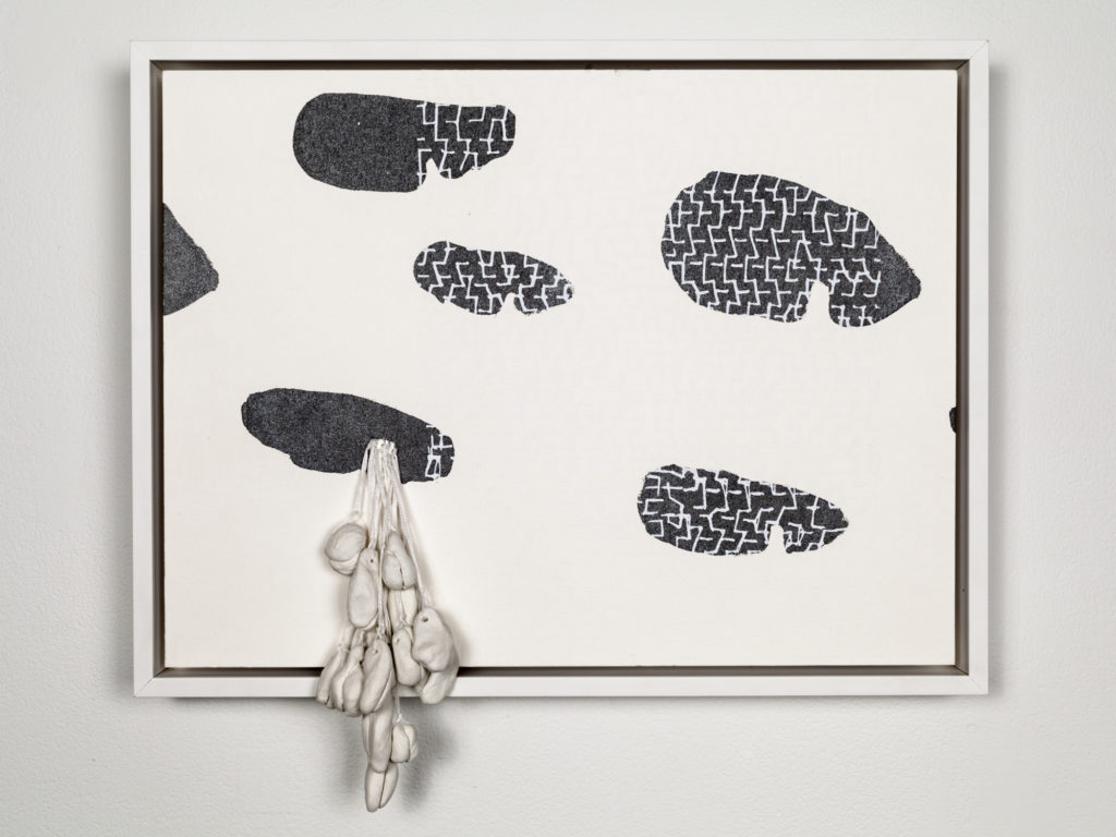 Mimi Bai, Grandpa_s tooth, silkscreen, clay and cotton thread on paper in artist_s frame, 13 x 10.5 x 2 inches