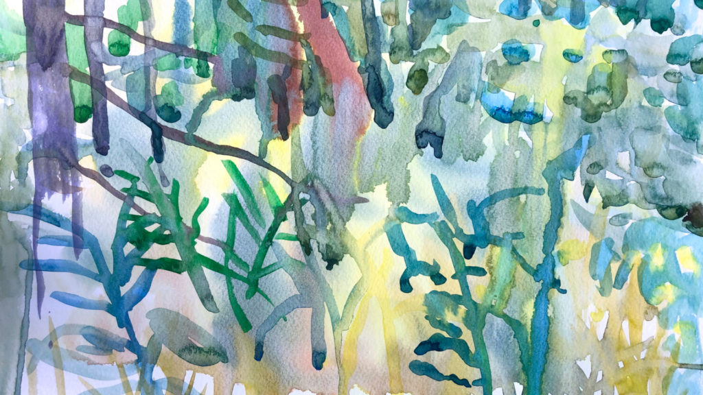 A watercolor scene of a colorful forest.